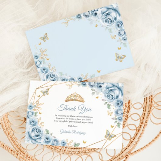 Baby Blue Gold Floral Quinceanera Dankeskarte