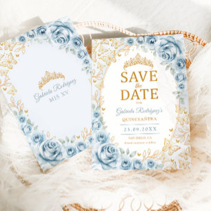 Baby Blue Gold Floral Quinceañera Save The Date