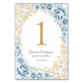 Baby Blue Gold Floral Quinceanera Tischnummer (Rückseite)