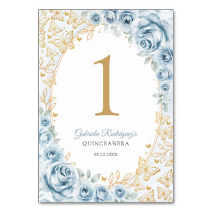 Baby Blue Gold Floral Quinceanera Tischnummer