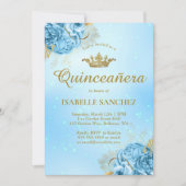 Baby Blue Gold Floral Tiara Quinceanera Einladung (Vorderseite)