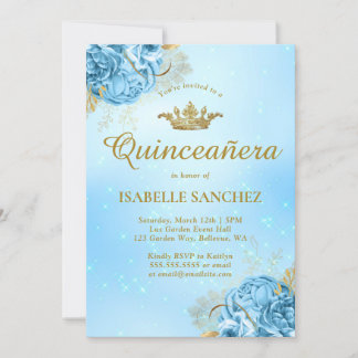 Baby Blue Gold Floral Tiara Quinceanera Einladung