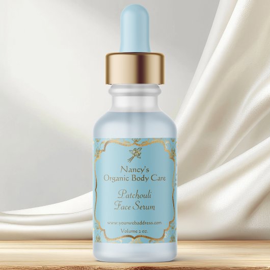 Baby Blue gold foil damask dropper bottle label Adressaufkleber