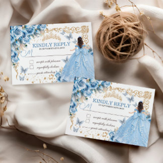Baby Blue Gold Princess Quinceañera Antwortkarte Mitteilungskarte