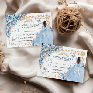 Baby Blue Gold Princess Quinceanera RSVP Karte