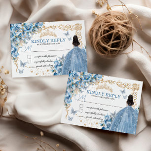 Baby Blue Gold Quinceañera Prinzessin Schmetterlin RSVP Karte