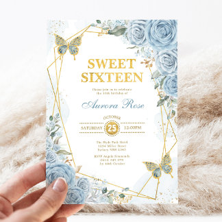 Baby Blue Gold Sweet 16 Butterfly Geometrischer Ra Einladung