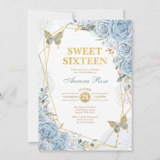 Baby Blue Gold Sweet 16 Butterfly Geometrischer Ra Einladung (Vorderseite)