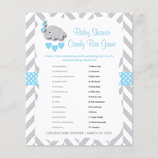 Baby Blue & Gray Elephant Baby Shower - Candy Bar Flyer (Vorne)