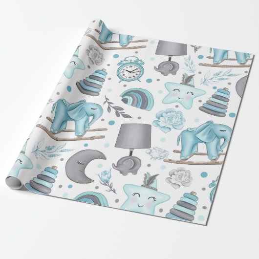 BABY BLUE & GRAY ELEPHANTS LAMPEN TOYS GESCHENKPAPIER (Ungerollt)