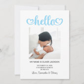 Baby Blue Hello Hearts Script Birth Ankündigung (Vorderseite)