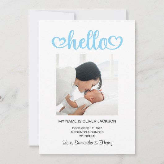 Baby Blue Hello Hearts Script Birth Ankündigung (Vorderseite)