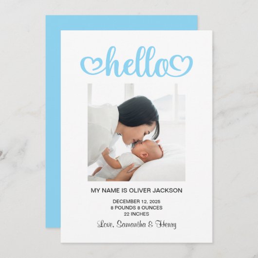 Baby Blue Hello Hearts Script Birth Ankündigung (Vorne/Hinten)