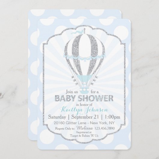 Baby Blue Hot Air Balloon Baby Dusche Einladung (Vorne/Hinten)