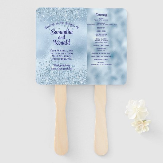 Baby Blue Imitats Glitzer and Foil Wedding Program Fächer (Vorne und Hinten)