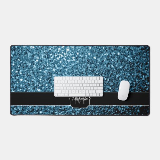 Baby Blue Imitats Glitzer Glitzern Monogram Schreibtischunterlage (Tastatur & Maus)