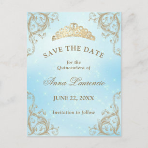 Baby Blue Licht Gold Quinceanera Save The Date Postkarte