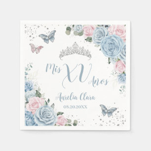 Baby Blue Light Pink Floral Butterfly Quinceñera Serviette
