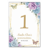 Baby Blue Lilac Floral Gold Quinceñera Sweet 16 Tischnummer (Vorderseite)