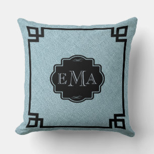 Baby Blue Linen Textur Schwarze Rahmen & Monogram Kissen