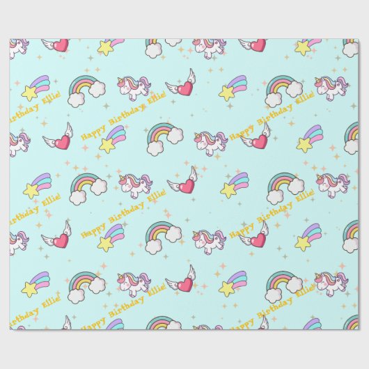 Baby Blue Niedlich Rainbow Unicorn Star Magical Geschenkpapier (Flach)