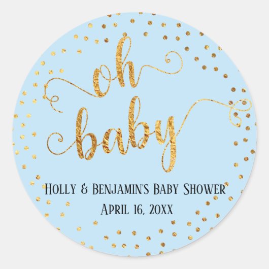 Baby Blue "Oh Baby" Imitate Gold Foil Confetti Runder Aufkleber (Vorderseite)