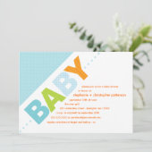 Baby Blue| Orange Modern Baby Dusche Einladung (Stehend Vorderseite)