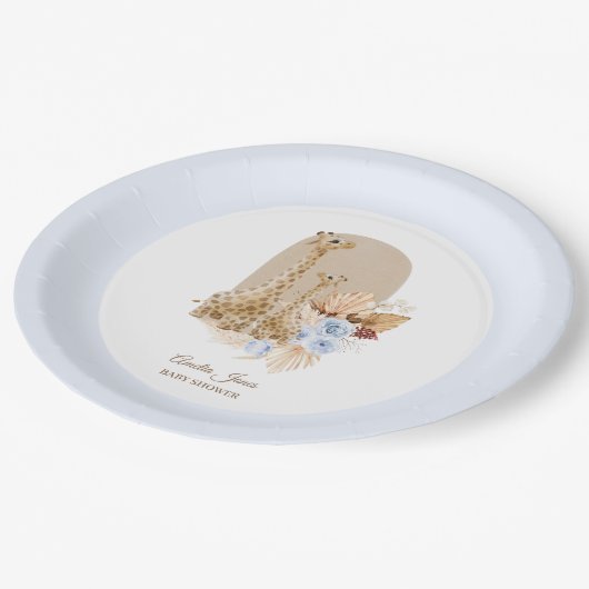 Baby Blue Pampas Grass Giraffe Baby Dusche Pappteller (Schrägansicht)