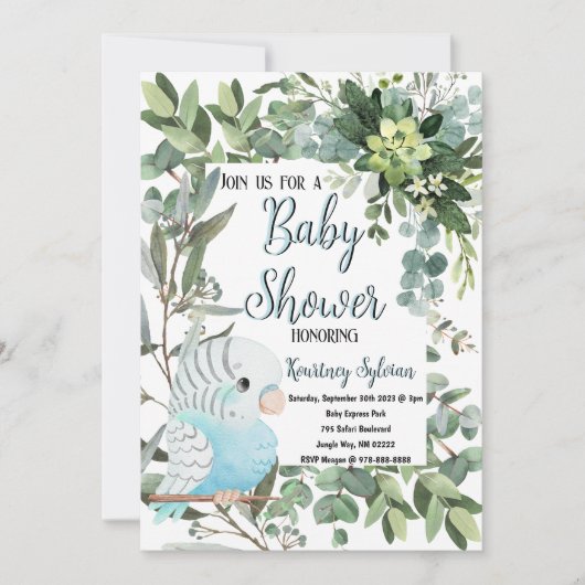 Baby Blue Parakeet Bird Watercolor Babydusche Einladung (Vorderseite)