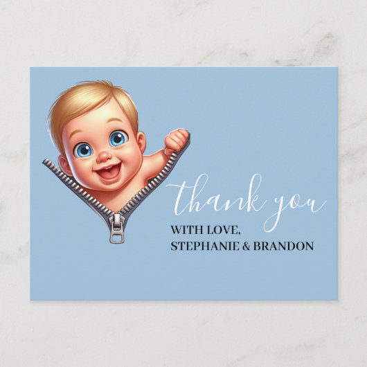 Baby Blue Peeking out Baby Dusche Danke Postkarte (Vorderseite)