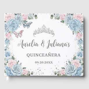 Baby Blue Pink Floral Butterfliegen Twin Quinceañe Gästebuch