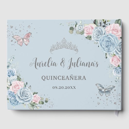 Baby Blue Pink Floral Butterfliegen Twin Quinceañe Gästebuch (Rückseite)