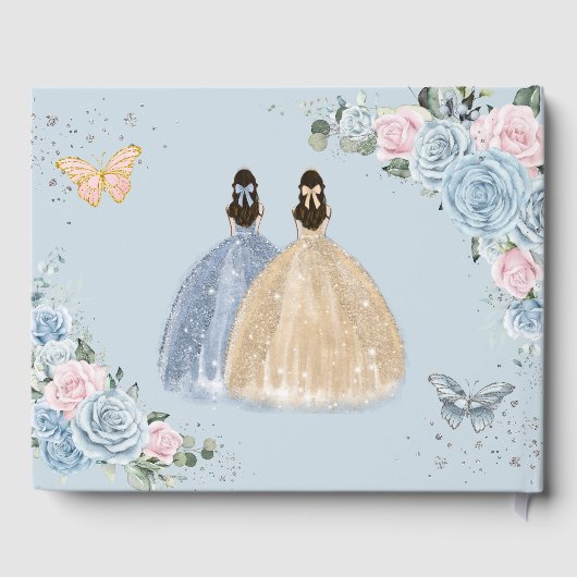 Baby Blue Pink Floral Princesses Twins Quinceañera Gästebuch (Rückseite)