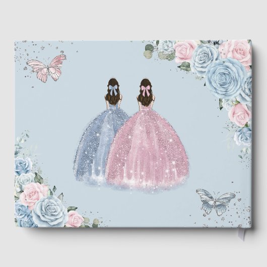 Baby Blue Pink Floral Princesses Twins Quinceañera Gästebuch (Rückseite)
