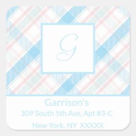 Baby Blue & Pink Karierte Rücksendeadresse Etikett Quadratischer Aufkleber