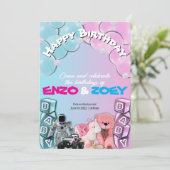 Baby Blue & Pink Niedlich Twin Geburtstag Einladun Einladung (Stehend Vorderseite)