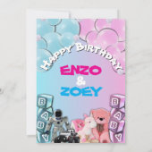 Baby Blue & Pink Niedlich Twin Geburtstag Einladun Einladung (Rückseite)