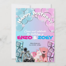Baby Blue & Pink Niedlich Twin Geburtstag Einladun