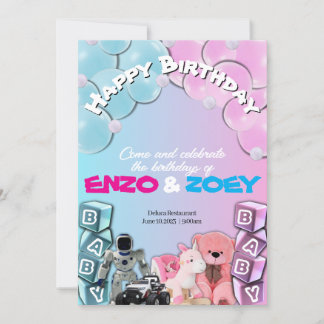Baby Blue & Pink Niedlich Twin Geburtstag Einladun Einladung