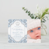 Baby Blue Prince Crown Taufe Einladung (Stehend Vorderseite)