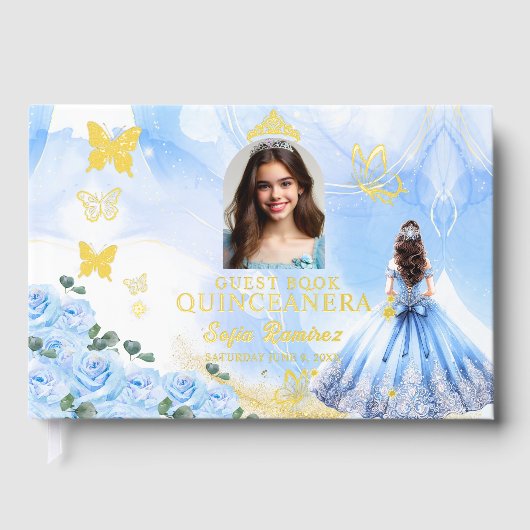 Baby Blue Princess Foto Gold Fossil Quinceañera Gästebuch (Vorderseite)