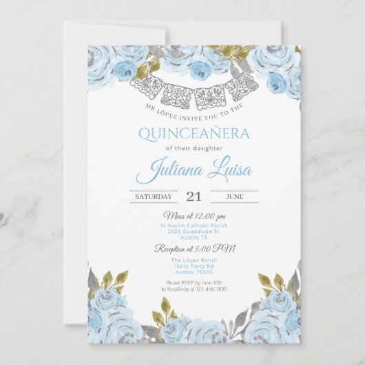 Baby Blue Quince, Light Blue Mexican Quinceanera Einladung (Vorderseite)