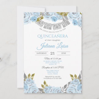 Baby Blue Quince, Light Blue Mexican Quinceanera Einladung