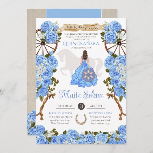 Baby Blue Quinceanera Elegante Rose Western Charra Einladung (Vorne/Hinten)