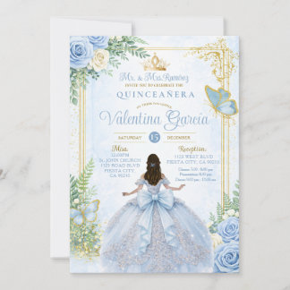 Baby Blue Quinceañera mit Bogen Gold Einladung