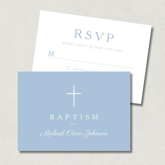 Baby Blue Religious Cross Boy Baptism  RSVP Karte