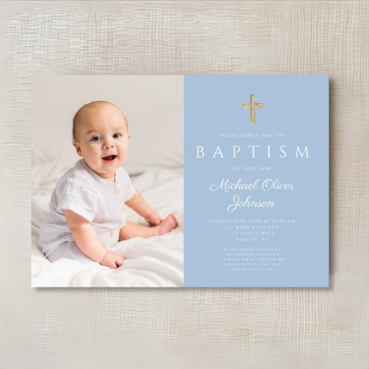 Baby Blue Religious Cross Boy Foto Taufe Einladung