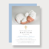 Baby Blue Religious Cross Boy Foto Taufe Einladung