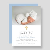 Baby Blue Religious Cross Boy Foto Taufe Einladung