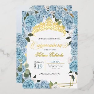 Baby Blue Rosen Prinzessin Quinceanera Echtgold Folieneinladung